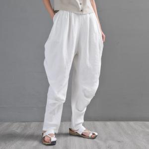 Loose White Carrot Pants Comfy Linen Yoga Tapered Pants