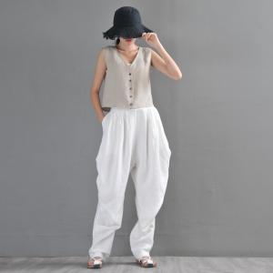 Loose White Carrot Pants Comfy Linen Yoga Tapered Pants