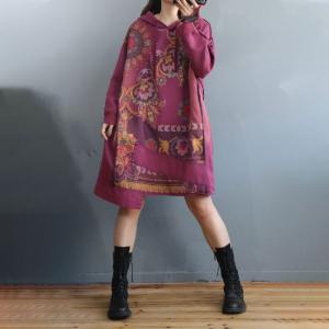 Asymmetrical Printed Hooded Dress Cotton Large Folk Dress