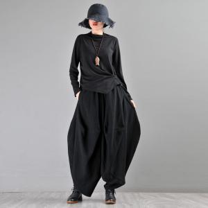 Thick Cotton Linen Black Resort Wear Large Yoga Genie Pants