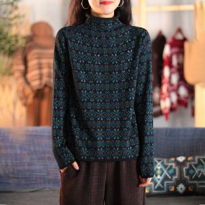 Folk Style Mock Neck Printed Sweater Cotton Oversized Knit Top