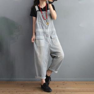 Light Blue Pinstriped Overalls Relax-Fit Light Wash Jean Dungarees
