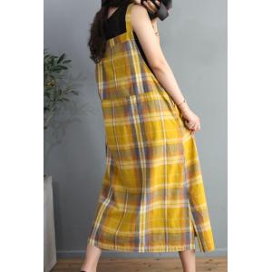 Preppy Style Cotton Linen Plaid Overall Dress Summer Loose Clothing
