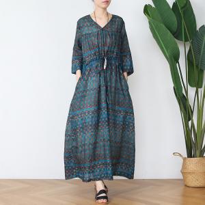 Small Dotted Loose Wrap Dress Ramie Belted Blue Beach Dress