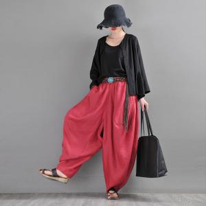 Designer Loose Red Harem Pants Linen Summer Drop Crotch Pants