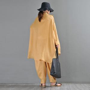 Plus Size Long Sleeves Linen Blouse Designer Custom Yellow Shirt