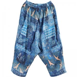 Summer Beach Blue Baggy Pants Ramie Totem Ankle Pants
