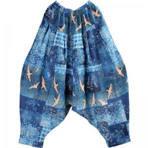 Ethnic Prints and Crane Ramie Elephant Pants Blue Ramie Trousers