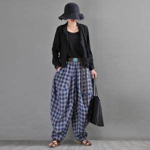 Loose-Fitting Blue Grid Elephant Pants Linen Harem Pants for Women