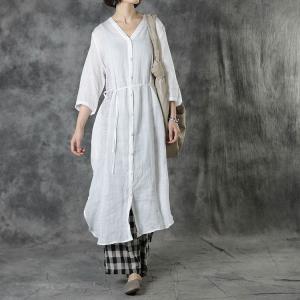V-Neck Embroidered Long Tunic Belted Ramie Shirt Dress