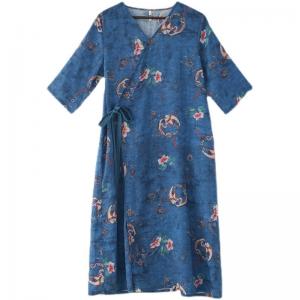 V-Neck Ethnic Printed Chinese Dress Loose Ramie Casual Wrap Dress