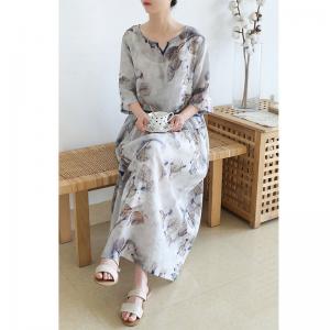 Chinese Ink Painting Summer Casual Dress Ramie Loose Dress