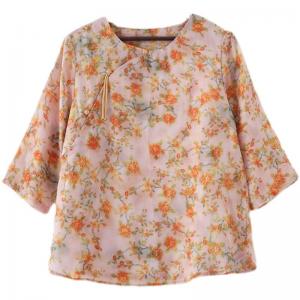 Orange Flowers Long Sleeve Ramie Clothes Chinese Buttons Resort Wear