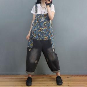 Flap Pockets Floral Overalls Baggy Distressed 90s Overalls
