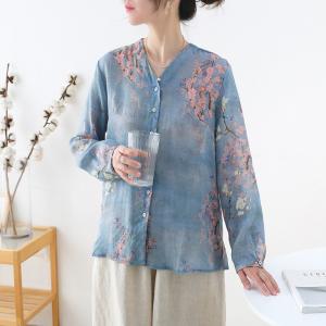 Plum Blossom Long Sleeve Oversized Shirt Ramie Azure Blouse
