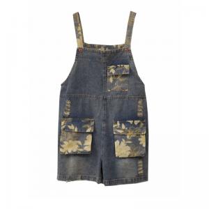 Yellow Flowers Wide Leg Rompers Flap Pockets 90s Overalls Shorts