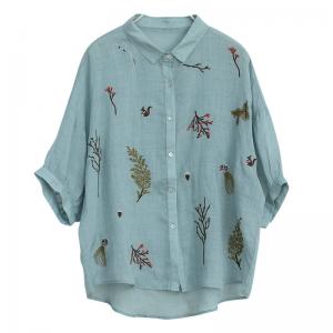 Chunky Embroidery Blouse Light Blue Linen Shirt for Women