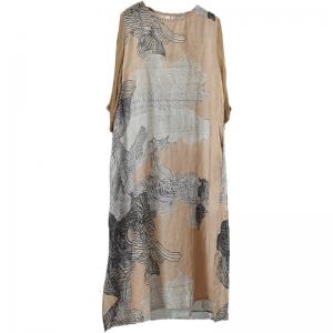 Silk Sleeve Painted Linen Wrap Dress Loose Ramie Midi Dress