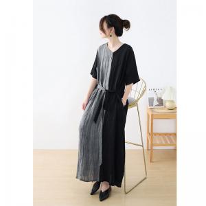 Black and Gray Belted Maxi Dress Simple Loose Flax Frock