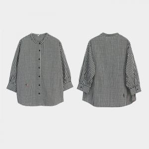 Classic Black Cotton Plaid Blouse Character Embroidery Shirt