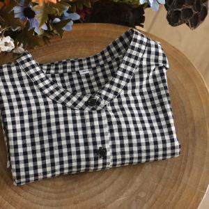 Classic Black Cotton Plaid Blouse Character Embroidery Shirt