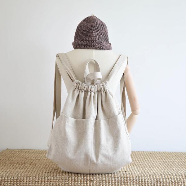 Chunky Linen Drawstring Backpack Beige Womens Satchel