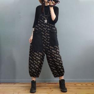 Black Pockets Letter 90s Overalls Balloon Legs Jean Dungarees