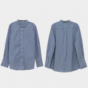 Vertical Striped Blue Shirt Long Sleeves Cotton Shirt for Women