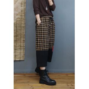 Cotton Quilted Cropped Pants Drawstring Waist Winter Tartan Trousers
