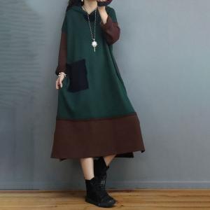 Bi-Colored Loose Cotton Dress Side Slits Hooded Dress