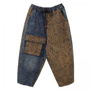 Flap Pockets Leopard Jeans Womens Baggy Dad Jeans