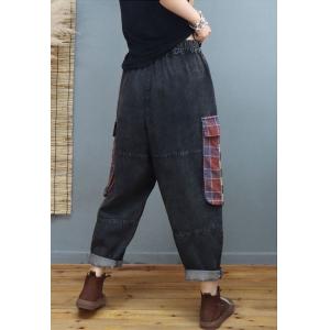 Big Checkered Pockets Denim Pants Stone Wash Baggy Jeans
