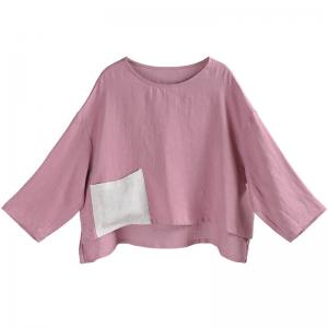 White Pockets Pink Crop Top Summer Designer Linen T-shirt