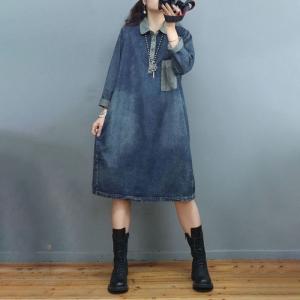 Polo Neck Stone Wash Jean Dress Long Sleeves Knee-Length Dress