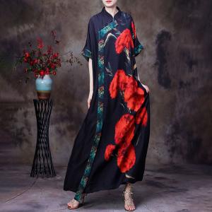 Red Rose Mandarin Collar Dress Half Sleeves Loose Chinese Qipao