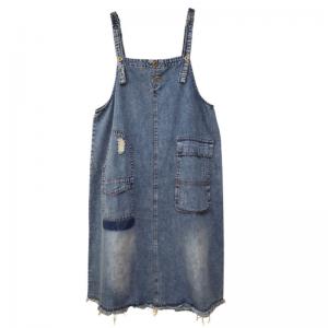 Flap Pockets Fringed Overall Dress Mid-Calf Denim Dress