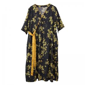 Yellow Floral Loose Ramie Wrap Dress Midi Black Tied Dress