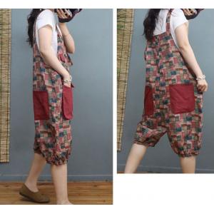 Folk Printed Cotton Linen Jumper Pants Mid-Calf Tropical Overall Shorts