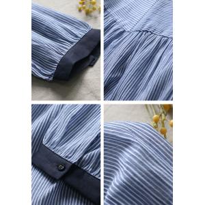 Blue Horizontal Striped Blouse Puff Sleeves Cotton Oversized Tshirt