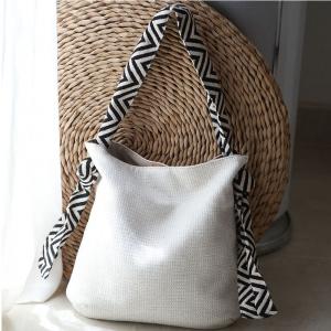 Striped Strap Hemp Shoulder Bag Womens Flax Beach Bag