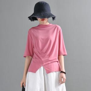 Solid Colors Modal Pleated T-shirt Mock Neck Casual Tee