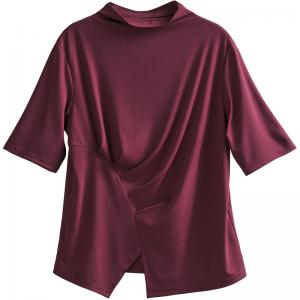 Solid Colors Modal Pleated T-shirt Mock Neck Casual Tee