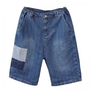 Vertical Striped Patchwork Jean Shorts Stone Wash Bermuda Jeans