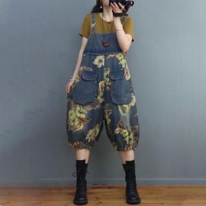 Flowers Patterned Overall Shorts Balloon Jean Overalls