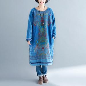Totem Pattern Cotton Long Dress Womens Fringed Sweatshirt Dress