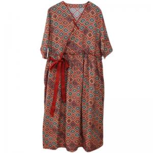 Folk Style Red Tartan Tied Dress Loose Ramie V-Neck Dress