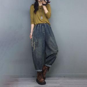 Chinese Buttons Stone Wash Jeans Ladies Embroidery Jeans