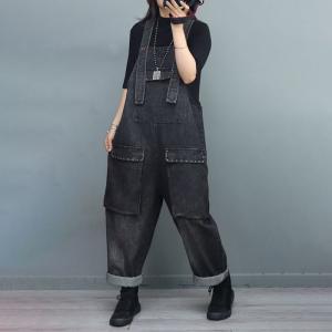 Rivet Pockets 90s Overalls Women Baggy Stone Wash Dungarees