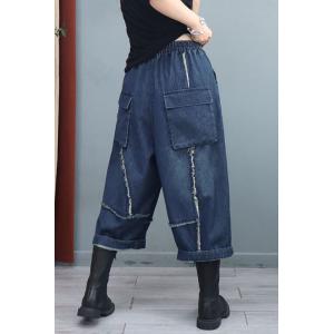 Baggy -Fit Blue Wide Leg Jeans Fringed Cropped Jeans for Women