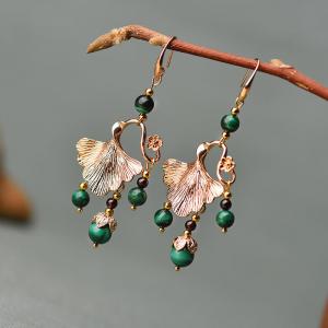 Metal Ginkgo Leaf Chinese Malachite Earrings